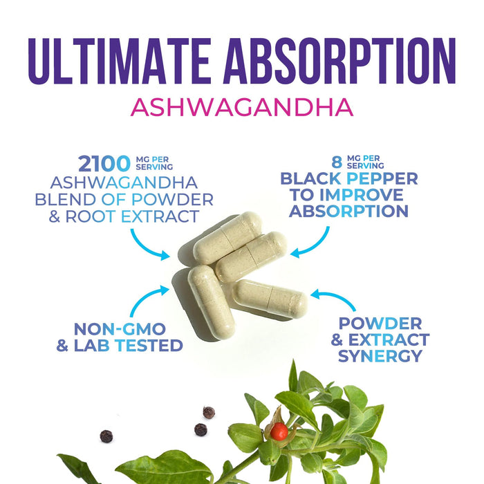 Ashwagandha Supplement 2100mg - Extra Strength Herbal Root Extract, Best Ashwagandha Supplements for Men & Women, Restore, Unwind, Calm Support Formula, Vegetarian, Non-GMO, Gluten-Free, 120 Capsules