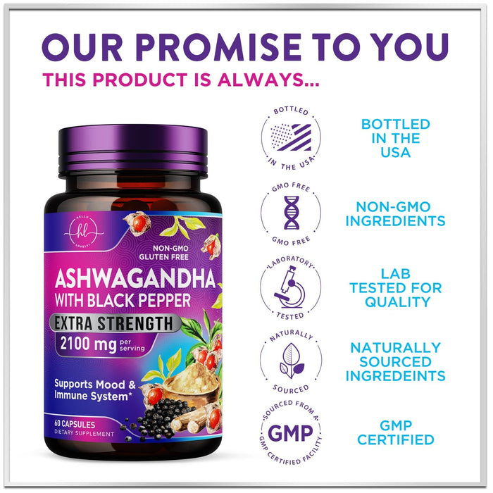 Ashwagandha 2,100 mg - Ashwagandha Supplements for Women in Veggie Capsules with Powder & Root Extract, Black Pepper for High Absorption, Plant Based, Non-GMO, Bottled in the USA - 60 Veggie Capsules