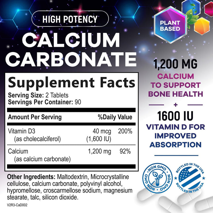 Calcium 1200 mg with Vitamin D3, Calcium Supplement Vitamins, Bone, Teeth & Immune Health Support, Calcium Supplements with D for Women & Men, Nature's Absorbable Calcium Carbonate - 180 Tablets