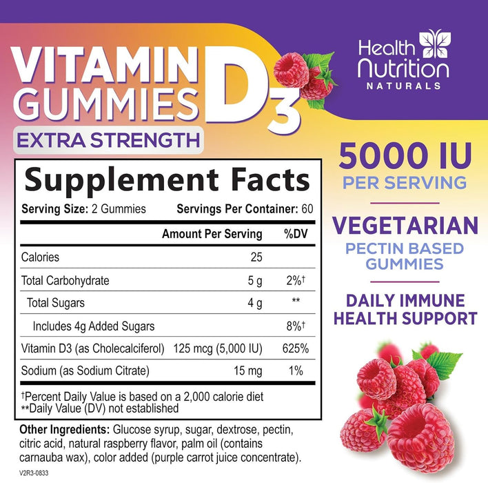 Vitamin D3 Gummies 5000 IU (125 mcg) - Extra Strength Immune Support, Bone, Teeth and Muscle Vitamin D Gummy Dietary Supplement, Nature's Berry D Vitamin Supplement, Raspberry, Non-GMO - 120 Gummies