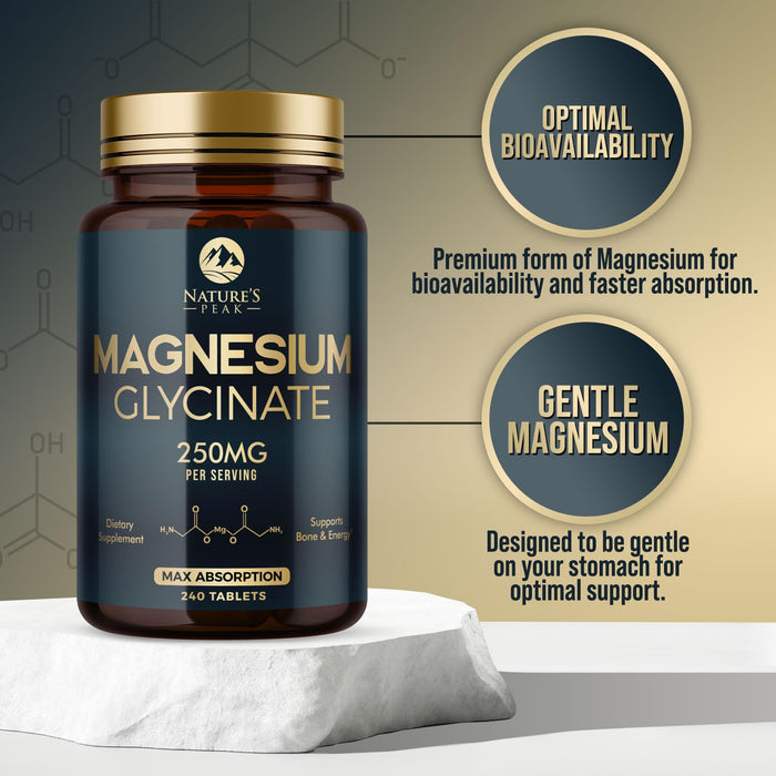 Magnesium Glycinate Chelated for Max Absorption - Supports Bone, Muscle, Nerves & Heart Health, Nature's Sleep and Stress Support, Best Magnesium Supplement Pills for Whole Body Support - 240 Tablets