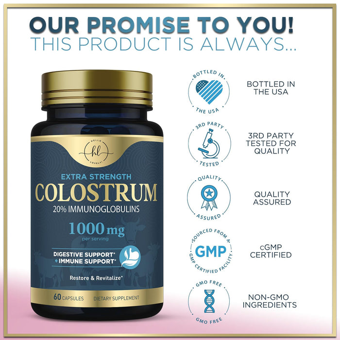 Colostrum 1000mg 20% IgG Immunoglobulins - Gut Health, Digestion & Immune Support, Bovine Colostrum Powder for Women, Muscle, Skin & Hair Growth Support, Bottled in The USA, Gluten Free - 60 Capsules