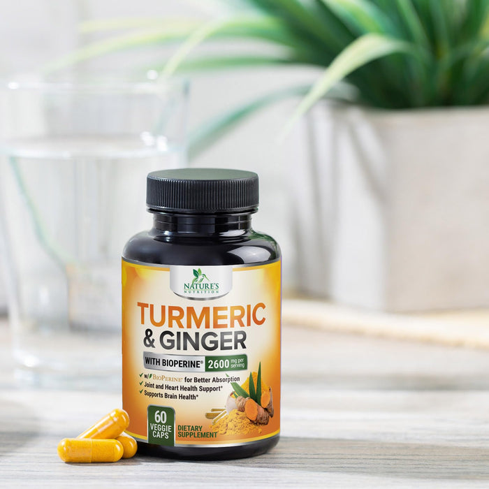 Turmeric Curcumin Supplement 2600mg with Organic Ginger & Turmeric, BioPerine Black Pepper Extract 95% Curcuminoids - Advanced Absorption Joint & Antioxidant Extra Strength Support - 60 Capsules