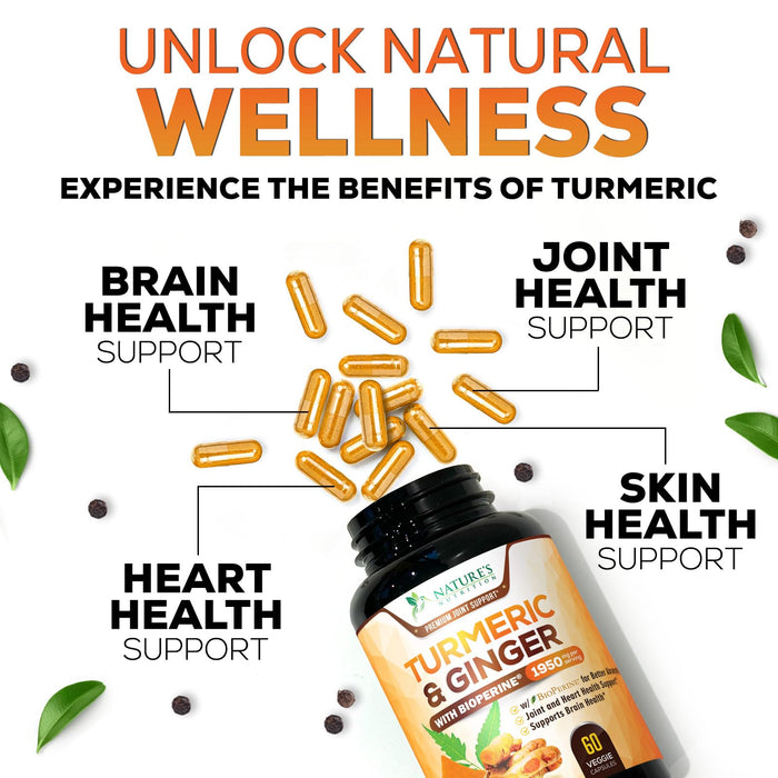 Turmeric Curcumin Supplement 1950mg - 95% Curcuminoids with Organic Turmeric & Ginger, BioPerine Black Pepper for Best Absorption, Nature's Vegan Joint Support, Non-GMO, Bottled in USA - 60 Capsules