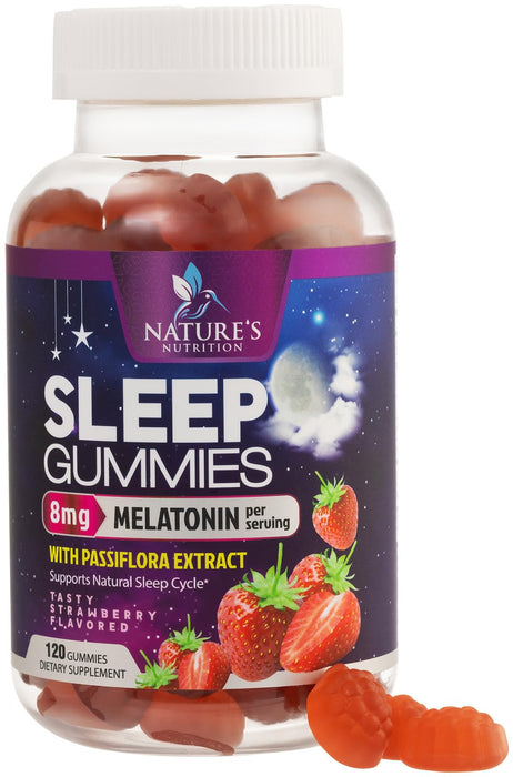 Melatonin Sleep Gummies - 8 mg Melatonin Extra Strength with 20mg Passiflora Sleeping Gummy Supplements, Sleep Gummies for Adults, Occasional Sleeping Support Supplement, Non-Habit Forming - 120 Count