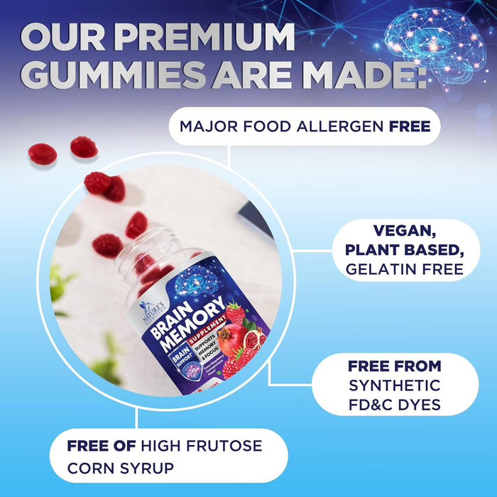 Brain Supplement Gummies for Concentration Memory & Focus Support - Brain Clarity Health with B6 B12, Phosphatidylserine, Coffee Extract, Nootropics Cognitive Vitamins for Adults - 60 Vegan Gummies