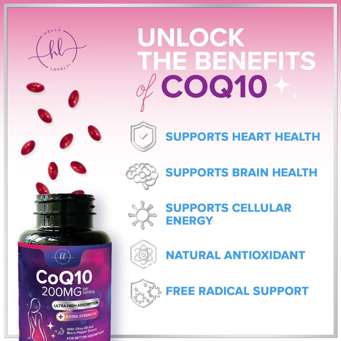 CoQ10 200mg Softgels - Ultra High Absorption, Antioxidant for Heart Health & Energy Production Support - Coenzyme Q10 (Ubiquinone) Co Q 10 Supplement and Vitamins 100mg Each - Non GMO - 120 Softgels