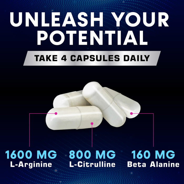 Extra Strength Nitric Oxide Supplement 3X Strength L Arginine, Citrulline Malate, AAKG, Beta Alanine - Premium Muscle Supporting Nitric Booster - Natural Energy & Heart Health Support - 120 Capsules