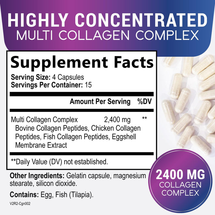 Multi Collagen Peptides Supplement for Hair, Nail, Skin - Type I, II, III, V, X, Collagen Powder Pills - Grass-Fed, Hydrolyzed for Bone and Joint Support for Women & Men, Non-GMO - 60 Capsules