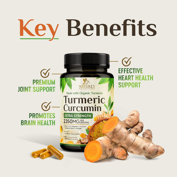 Turmeric Curcumin Supplement 1750mg with Organic Turmeric & Ginger, 95% Curcuminoids, BioPerine Black Pepper for Best Absorption, Nature's Vegan Joint Support, Non-GMO, Bottled in USA - 240 Capsules