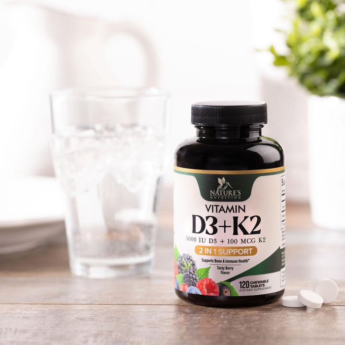Vitamin D3 K2 Supplement | 5000 IU D3 + K2 100 mcg | MK-7 K2 with Vitamin D | Supports Immune, Heart, Teeth & Bone Health - Nature's Easy to Chew, VIT D3 K2, Non-GMO, Tasty Berry Flavor - 120 Tablets
