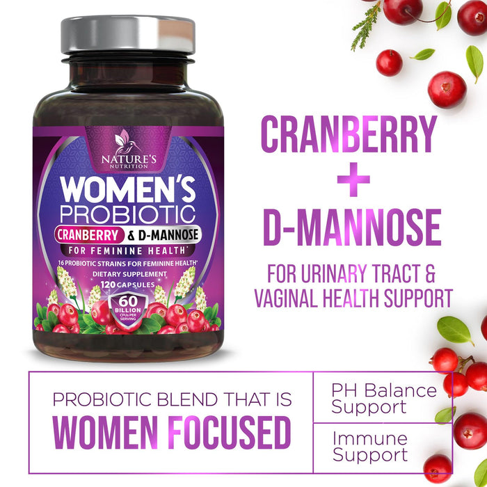 Probiotics for Women 60 Billion CFU - 16 Strains, Prebiotics & Cranberry, PH Balance, Digestive Health, Vaginal & Immune Support, Womens Probiotic for Gut Health, Shelf Stable - 120 Capsules