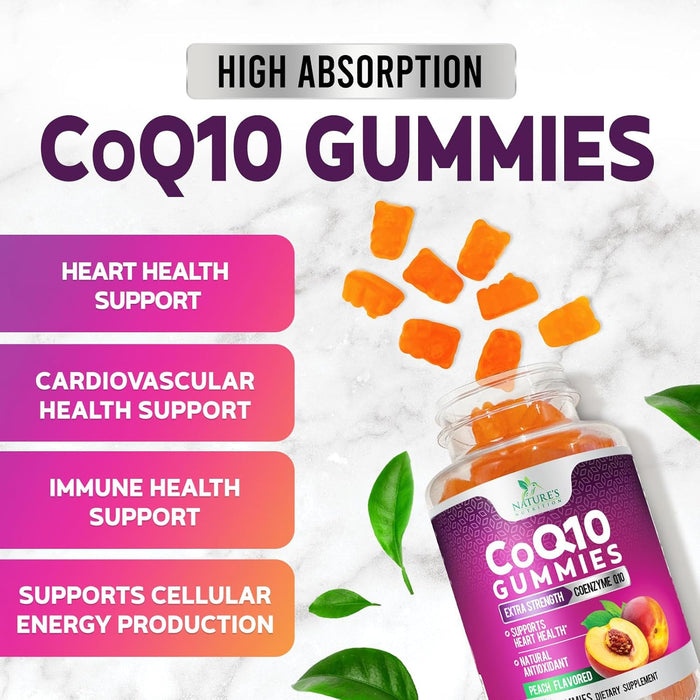 Nature's Nutrition CoQ10 Gummies 100mg – High Absorption Coenzyme Q10 Supplement for Heart Health, Energy & Antioxidant Support – Peach Flavor Gummy, Vegan, Non-GMO, Gluten Free – 60 Count