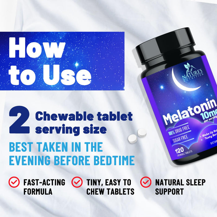 Fast Dissolve Melatonin 10mg, Sleep Support for Adults, Melatonin Sleep Supplement, for Promoting Restful Sleep, Non-Habit Forming, 100% Drug Free, Berry Flavored - 120 Chewable Tablets