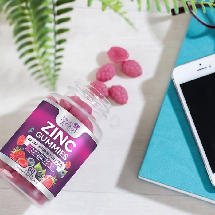 Zinc Supplement 50mg Gummies for Adults - Max Strength Skin Health & Immune Support Gummy, Vegan, Non-GMO & Gluten Free, Nature’s Antioxidant & Bone Health Chewable Tasty Berry Flavor - 60 Gummies