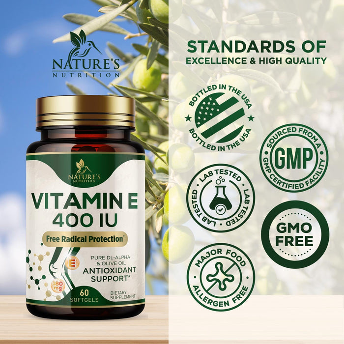 Vitamin E 400 IU Softgels (180mg DL-Alpha) for Women & Men, Supplement for Max Absorption, Nature's Antioxidant for Skin, Heart, Eye, and Immune Health Support, Dairy, Gluten & Soy Free, 60 Softgels