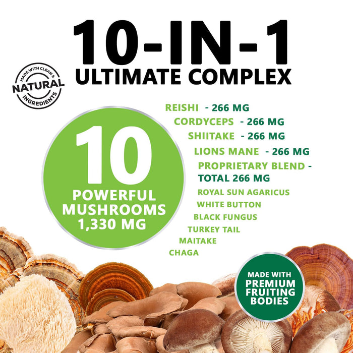 Mushroom Supplement Nootropic 1330mg - 10 in 1 High Strength Brain Supplements Mushroom Complex with Lions Mane, Turkey Tail, Reishi, Cordyceps & Chaga for Memory, Brain & Focus Support - 120 Capsules