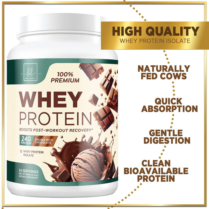100% Whey Protein Powder, Rich Double Chocolate Whey Isolate 24g Protein & BCAAs - Support Muscle Growth, Recovery & Fitness - Gluten Free, Fast Absorbing, Easy Digesting - Women & Men - 24 Servings