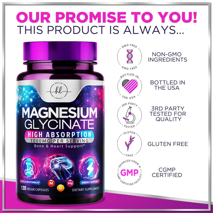Magnesium Glycinate 1000mg | High Absorption | Chelated to Support Bone, Muscle, Nerves & Heart Health | Natural Sleep & Stress Support Women & Men | Vegan, Gluten & Soy Free, Non-GMO | 120 Capsules