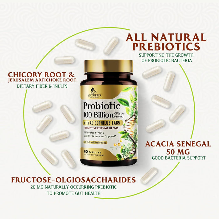 Probiotics for Women & Men - 100 Billion CFU 10 Strains + Prebiotics - Digestive Health, Gut & Immune Support - Support for Occasional Constipation, Gas & Bloating - Non-GMO Shelf Stable - 60 Capsules