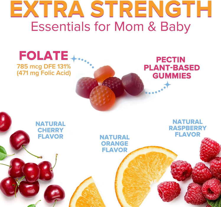 Folic Acid Gummies for Women 785 mcg, Essential Prenatal Vitamins for Mom & Baby, Vegan Folic Supplement Gummy, Daily Vitamin B9 Extra Strength Folate, Before During After Pregnancy - 120 Gummies