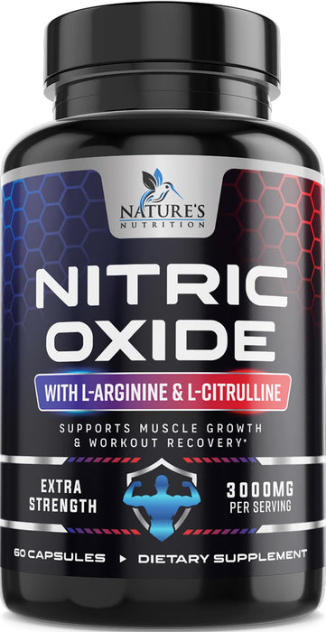 Nitric Oxide Booster Extra Strength 3000mg - L Arginine 3X Strength Nitric Oxide Supplements for Men and Women, Citrulline, Supports Muscle, Heart Health & Energy Supplement, Non-GMO - 60 Capsules