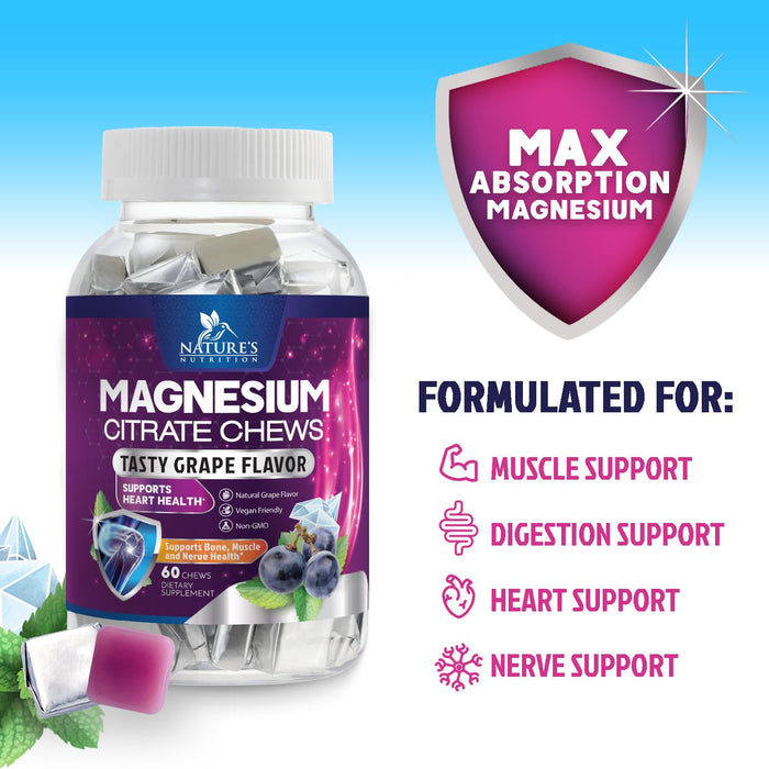 Magnesium Citrate Supplement Gummies 100mg - High Absorption Magnesium Citrate Soft Chews for Heart, Muscle, Calm, & Nerve Health Support, Vegan Chewable Gummies for Adults, Grape-Flavor - 60 Count