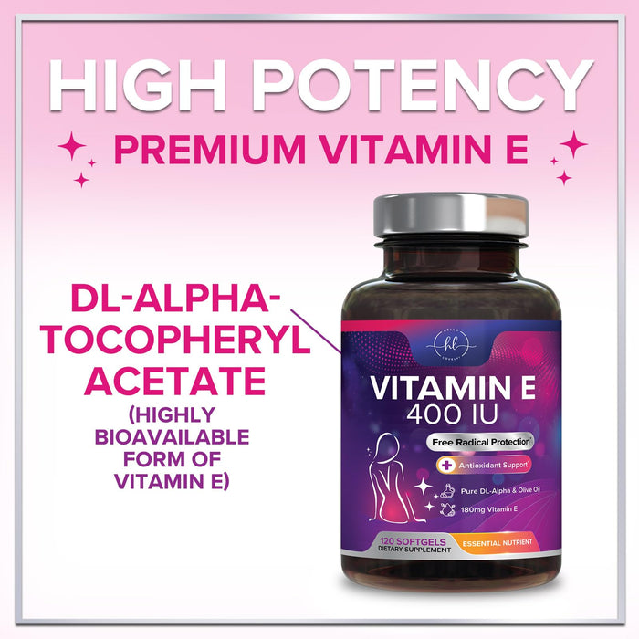 Vitamin E for Women and Men - 180 mg (400 IU) dl-Alpha - Powerful Antioxidant Dietary Supplement - Hair, Skin, & Immune Health Support - Easily Absorbed Form, Non-GMO & Gluten Free - 120 Softgels