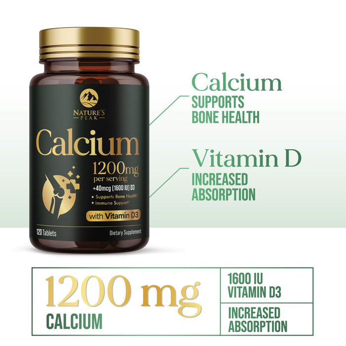 Calcium 1200 mg with Vitamin D3 (1600 IU), Calcium Supplement Vitamins, Bone, Teeth & Immune Health Support, Calcium Supplements with D for Women & Men, Nature's Absorbable Carbonate - 120 Tablets