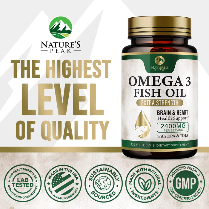 Omega 3 Fish Oil Pills 2400mg - Triple Strength Omega 3 Fish Oil Supplements - Best EPA & DHA Fatty Acids for Brain & Heart Health Support, Nature's Omega3 Supplement, 60 Day Supply - 120 Softgels