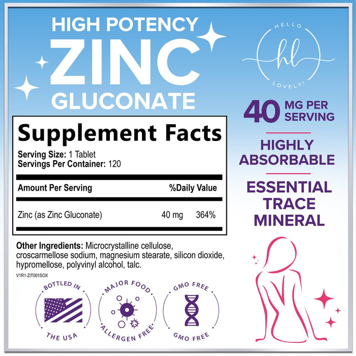 Zinc Supplements for Women and Men - 40mg Supplement for Immune Support, Skin Health Support, & Antioxidant Supplement for Adults, High Potency Zinc Gluconate 40 mg, Non-GMO - 120 Tablets