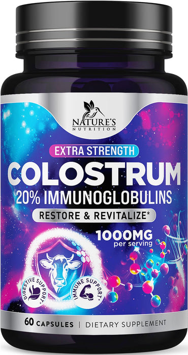 Colostrum For Women Supplement 1000mg 20% Immunoglobulins for Muscle, Skin & Hair Support - Gut Health Digestive & Immune Support - Bovine Colostrum Powder - Gluten Free & Unflavored - 60 Capsules
