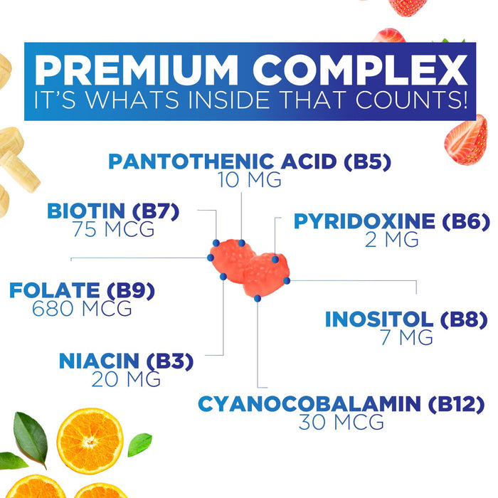 B Complex Supplement Gummies with Vitamin C & Folic Acid, Extra Strength Super Vitamin B Gummy with Niacin, B6, Folic Acid, B12, Biotin, Nature's Energy Immune Support Supplements - 120 Gummies