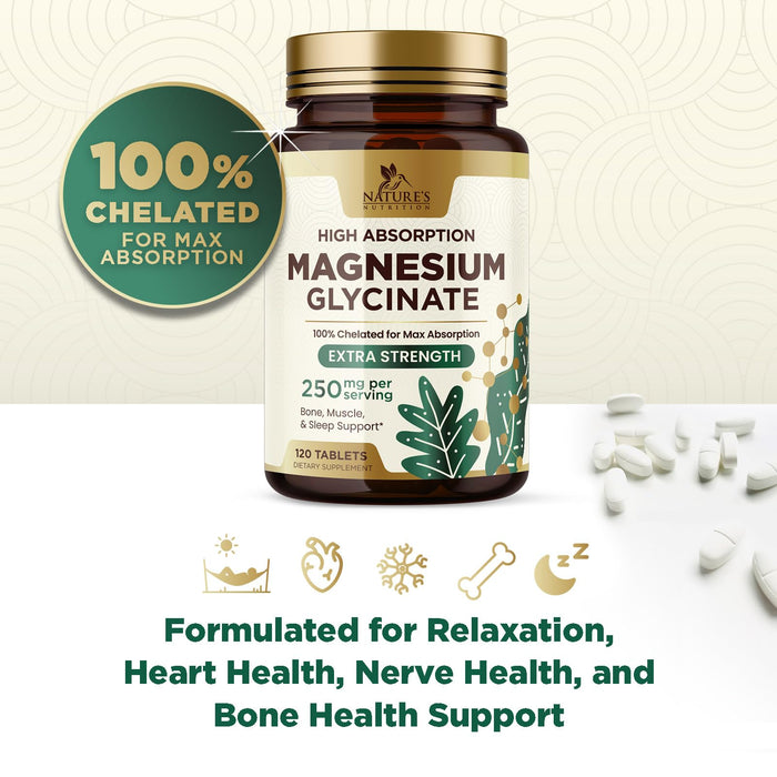 Magnesium (Glycinate) - Magnesium Supplement for Heart Health, Nerve, Muscle, Bone, and Sleep Support - 100% Chelated & High Absorption - 250 mg per Serving - Gluten Free, Vegan, Non-GMO - 120 Count