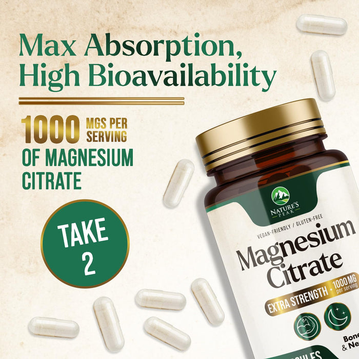 Magnesium Citrate 1000mg - High Absorption Magnesium Supplement Supports Muscle, Bone, Nerve & Heart Health - Extra Strength Magnesio Complex Pills - Non-GMO, Premium Energy Formula - 240 Capsules