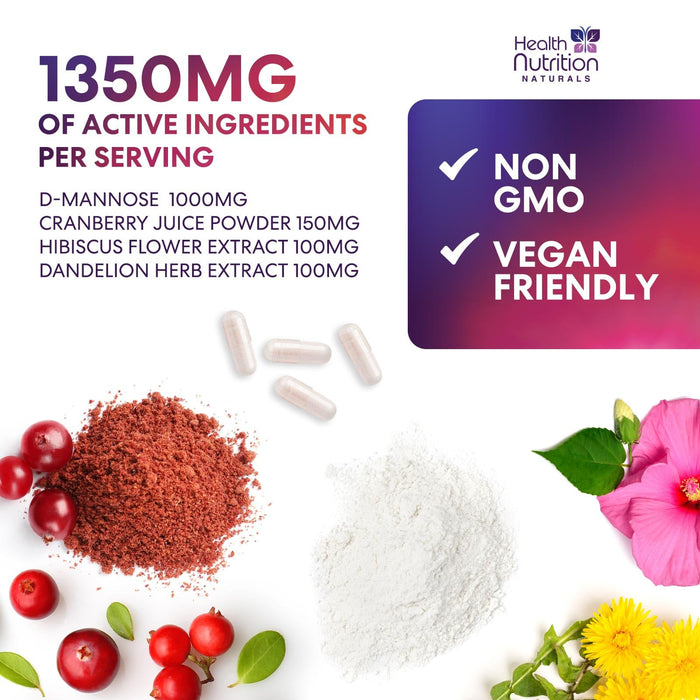 D-Mannose Supplement 1,350mg with Cranberry, Hibiscus & Dandelion - Fast-Acting, Natural Bladder & Urinary Tract Support for Women & Men – Flush & Cleanse Impurities – Non-GMO, Vegan – 120 Capsules