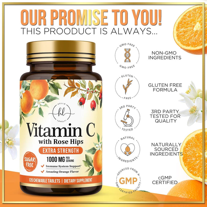 Vitamin C Supplement 1000mg - Extra Strength with Rose Hips Bioflavonoids - Sugar Free Vitamin C Chewable Pills, Nature's Vit C for Immune Support & Antioxidant Protection - 120 Chewable Tablets