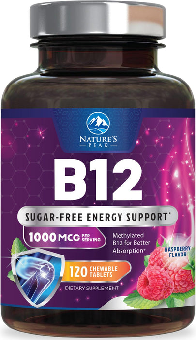 Vitamin B12 1000 mcg (Methylcobalamin) Super B 12 Complex Dietary Supplement for Energy & Immune Support, Vegan, Sugar-Free, Sublingual, Tasty Raspberry Flavor - 120 Chewable Tablets, 120 Day Supply