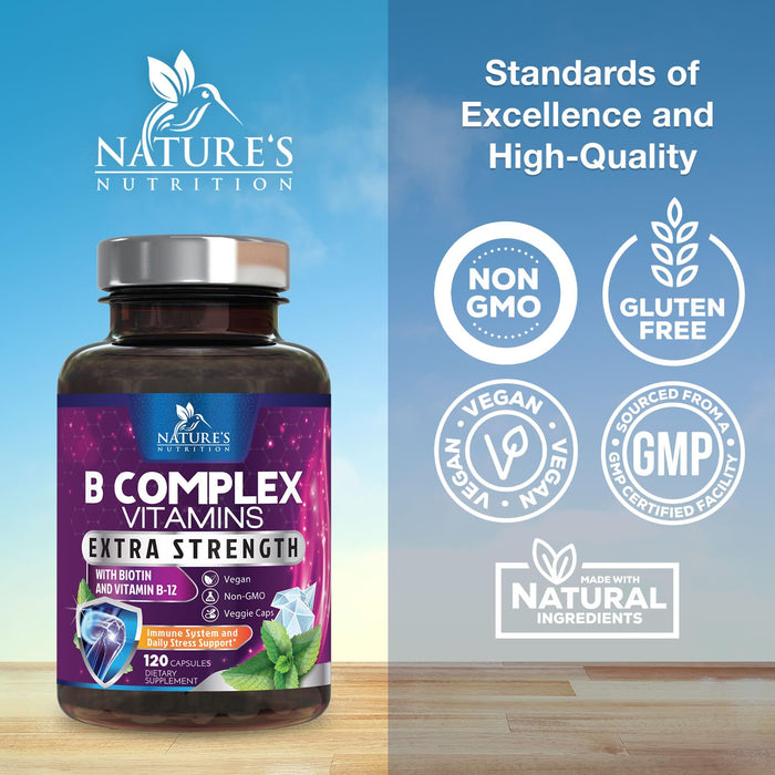 B Complex Vitamins Capsules with Vitamin B6 B12 B100 C Biotin Folate & Folic Acid - Supplement for Heart, Brain, & Nerve Support - Super Complete B-Complex for Immune & Energy Support - 120 Capsules