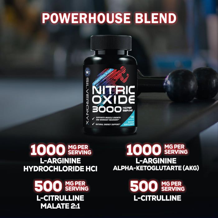 Extra Strength Nitric Oxide Supplement 3X Strength L Arginine, Citrulline Malate, AAKG, Beta Alanine - Premium Muscle Supporting Nitric Booster - Natural Energy & Heart Health Support - 180 Capsules