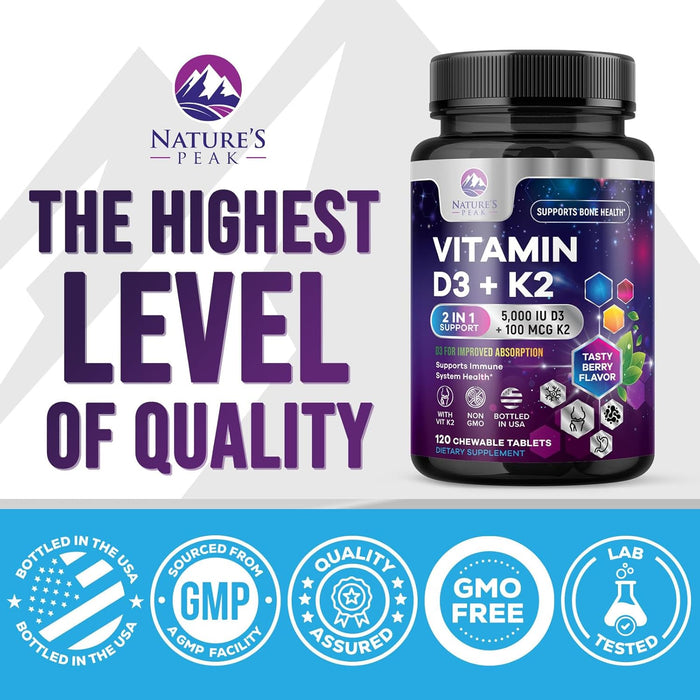 Vitamin D3 K2 - 5000 iu Vitamin D3 & 100 mcg Vitamin K2 (MK-7) Complex for Immune Support - Bone, Teeth & Muscle Health Support - Berry Chewable, Gluten Free, Non-GMO, Made in USA - 120 Tablets