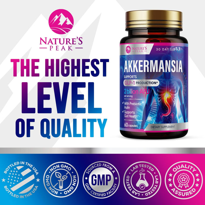 Akkermansia Probiotic Supplement - 2 Billion AFU GLP-1 Supplement with Prebiotic Fiber - Akkermansia Muciniphila GLP-1 Probiotics for Women & Men - Digestive, Gut & Immune Support - 60 Capsules