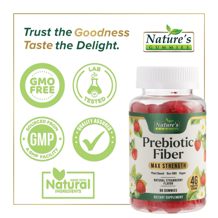 Fiber Gummies for Digestive Health & Regularity Support, Fiber 4g Gummy for Adults, Daily Prebiotic Supplements Blend, Natural Prebiotics Extra Strength Gummy, Added Fruit Flavor - 60 Gummies