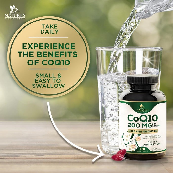 CoQ10 200mg Softgels - Extra Strength Coenzyme Q10 Supplement With Black Pepper Extract for Enhanced Absorption, CoQ10 Antioxidant Supplements for Heart Health & Cellular Energy Support - 120 Softgels