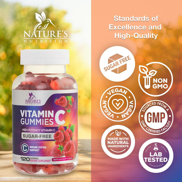 Zero Sugar Vitamin C Gummies - Immune Support & Antioxidant VitaminC Dietary Supplement - Vegan, Non-GMO, Dairy & Gluten Free C Vitamin Gummy - Raspberry Flavor for Kids & Adults - 120 Count Gummies