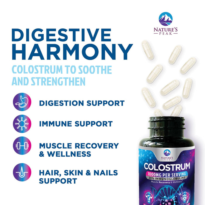 Colostrum Supplement 1000mg 20% Immunoglobulins for Gut Health, Immune Support, Muscle, Skin & Hair Growth, Bovine Colostrum Powder, Nature's Colostrum for Women & Men, Bottled in USA - 120 Capsules