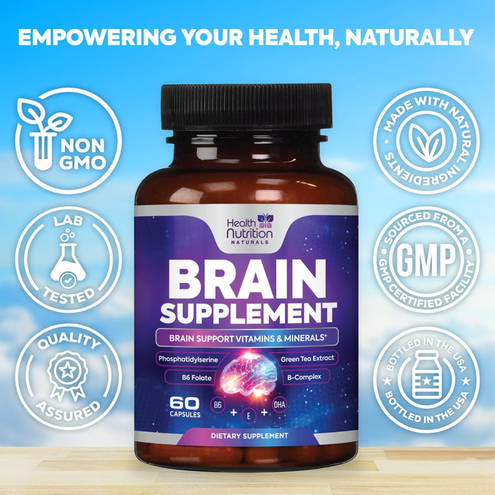Brain Supplements for Memory and Focus - Extra Strength Nootropic Capsules for Concentration, Alertness, Cognitive Support - Phosphatidylserine, Brain Health Vitamins B6 C E Zinc - 60 Capsules