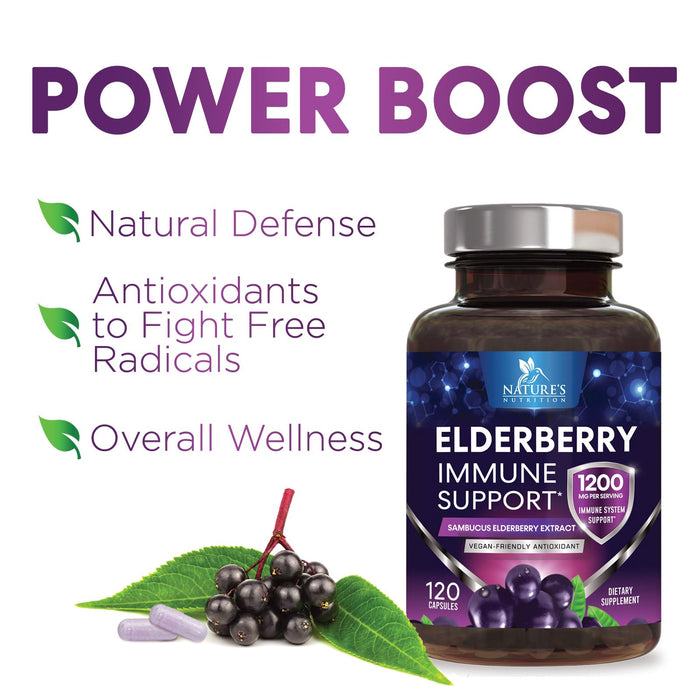Elderberry Immune Support 1200mg Extract Capsules - Daily Immune Support for Adults with Concentrated Sambucus Black Elderberry Antioxidant - Gluten Free Vitamin, Non-GMO Supplement - 120 Capsules