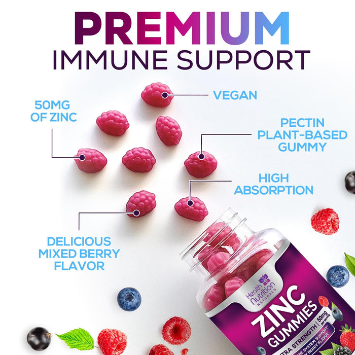 Zinc Supplement 50mg Gummies for Adults - Max Strength Skin Health & Immune Support Gummy, Vegan, Non-GMO & Gluten Free, Nature’s Antioxidant & Bone Health Chewable Tasty Berry Flavor - 120 Gummies