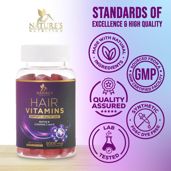 Hair Vitamins Gummies with Biotin 5000 mcg - Stronger, Radiant Hair, Skin & Nails Supplement - Vitamin E & C, Hair Growth Support Vitamin for Women & Men, Non-GMO & Gluten Free - 60 Gummies